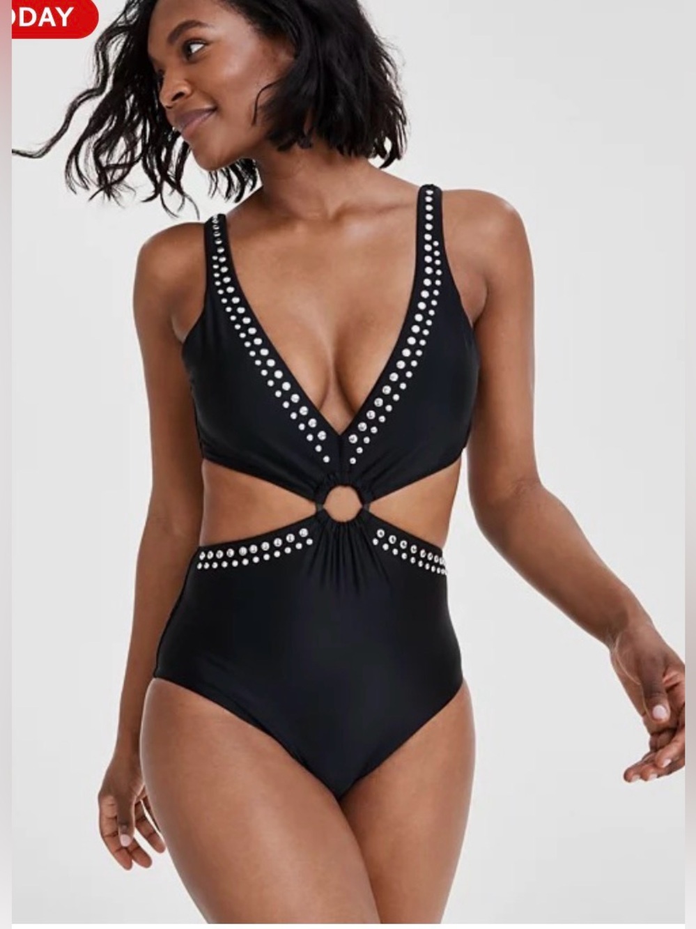 Bar III Black Stud-Trim Cutout One-Piece Swimsuit